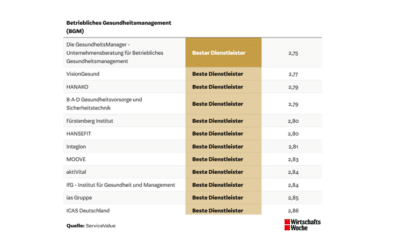 VisionGesund erneut auf Spitzenposition: Top Gesundheitsdienstleister (BGM) im Ranking der WirtschaftsWoche 2024