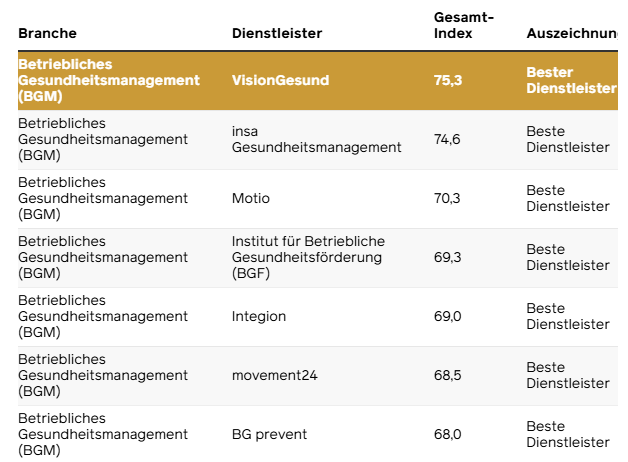 Tabelle des WirtschaftsWoche-Rankings 2026 im Bereich Betriebliches Gesundheitsmanagement (BGM) mit VisionGesund auf Platz 1 (Index 75,3). Dahinter folgen weitere Dienstleister wie insa Gesundheitsmanagement und Motio mit geringeren Gesamt-Indexwerten. VisionGesund ist als bester Mittelstandsdienstleister ausgezeichnet.