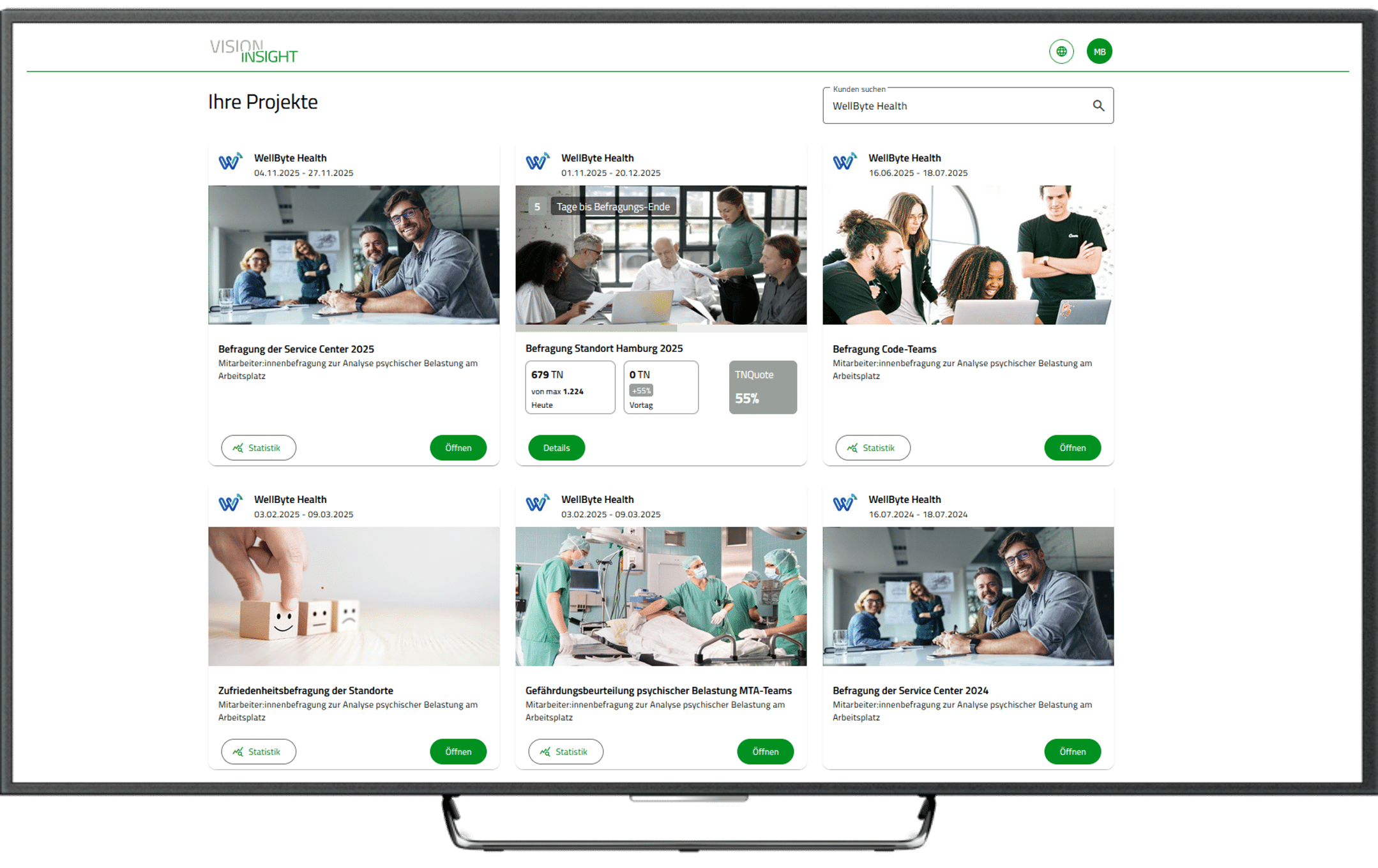 Zu sehen ist ein Auzug der Projektübersicht innerhalb des Tools VisionInsight.