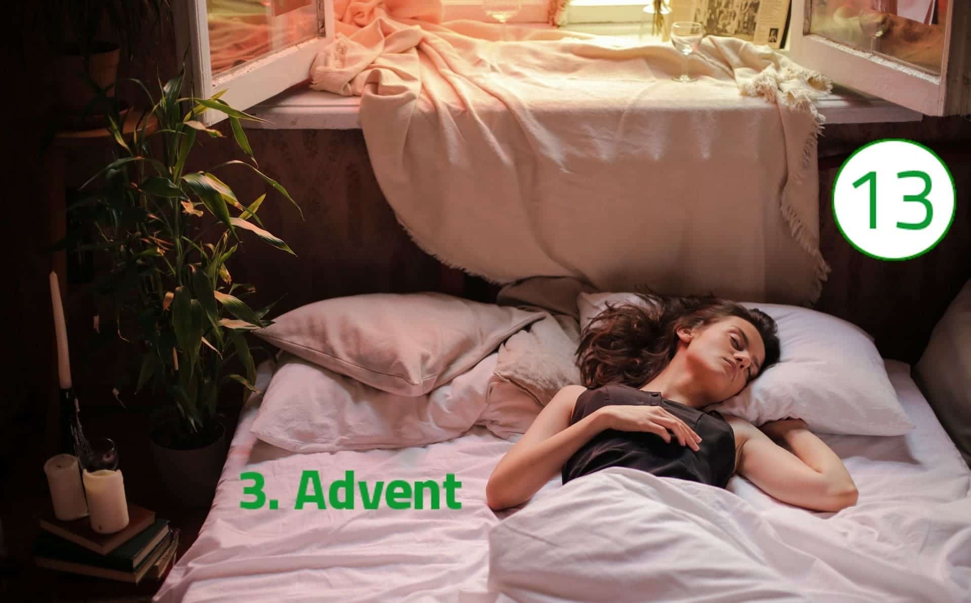 Dritter Advent Gesundheitssäule Schlaf Eine Frau liegt zugedeckt auf dem Rücken im weißen Bett. Ihr Kopf ist im Schlaf leicht zur Seite geneigt. Durch das geöffnete Fenster am oberen Bildrand dringen Sonnenstrahlen. Auf der linken Seite des Bildes ragen Zimmerpflanzen in den Bildausschnitt.st geöffnet.